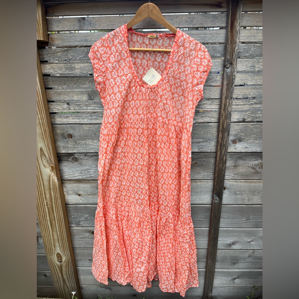 Matta Sabina Greece Dress Rust Printed Short Sleeves Tiered Cotton Womens